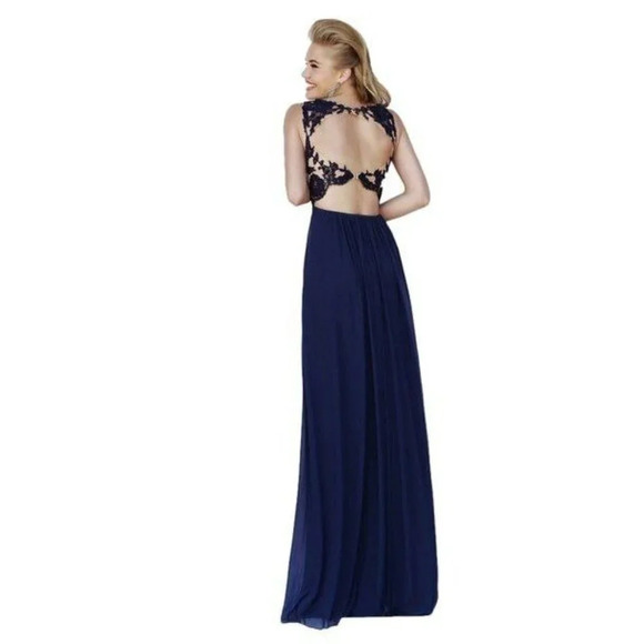 Sherri Hill Navy Blue Lace Illusion Open Back Formal Gown $298 - Picture 4 of 14